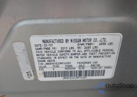 2007 Infiniti G35 Journey z USA, uszkodzony, nr VIN JNKBV61E27M714351